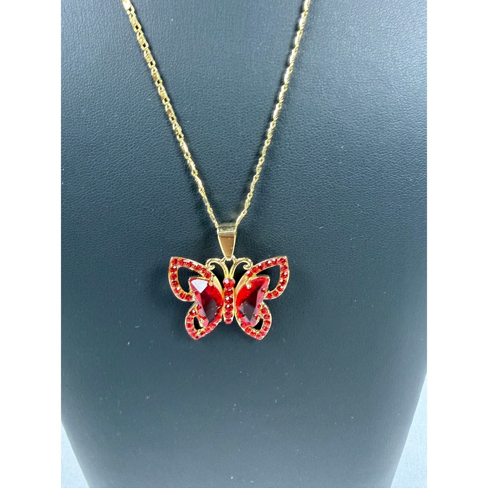 Red Crystal Butterfly Pendant Necklace Gold Tone Twist Chain 18 Inch